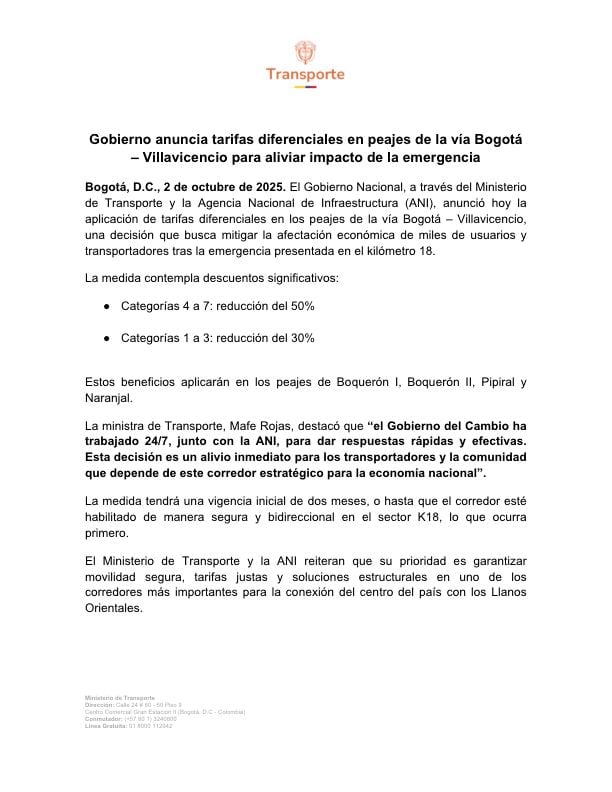 Nuevas tarifas diferenciales benefician a vehículos particulares y de carga en la vía Bogotá-Villavicencio, medida que busca mitigar las pérdidas económicas y mejorar la movilidad mientras persista la contingencia vial - crédito Ministerio de Transporte