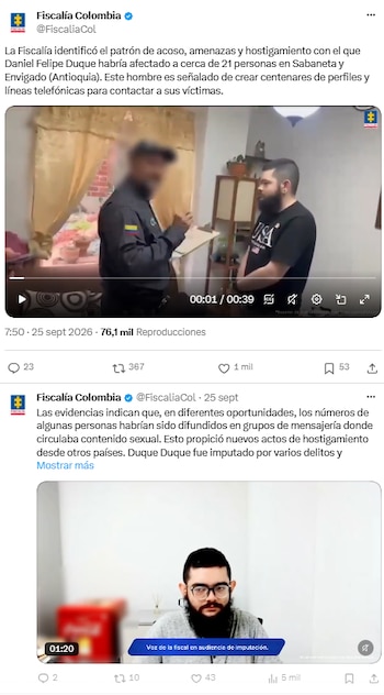 Fiscalía señaló a Daniel Felipe Duque por crear más de 500 cuentas contra una víctima - crédito @FiscaliaCol/X