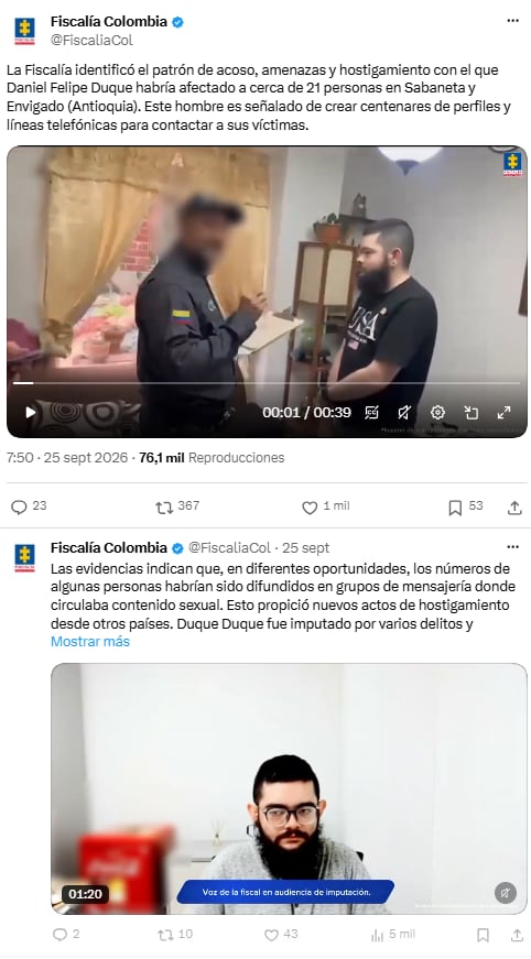 Fiscalía señaló a Daniel Felipe Duque por crear más de 500 cuentas contra una víctima - crédito @FiscaliaCol/X