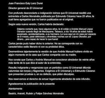 En una carta enviada al director general Juan Francisco Ealy Lanz Duret, los hermanos Beatriz, Araceli, Rubén y Felipe Sánchez Monsiváis sostienen que el texto incluye añadidos inexistentes en la versión original
