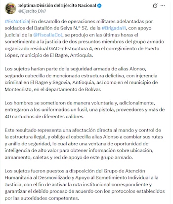 Estas dos personas harían parte de la seguridad de alias Alonso, segundo cabecilla de la mencionada estructura, - crédito @Ejercito_Div7