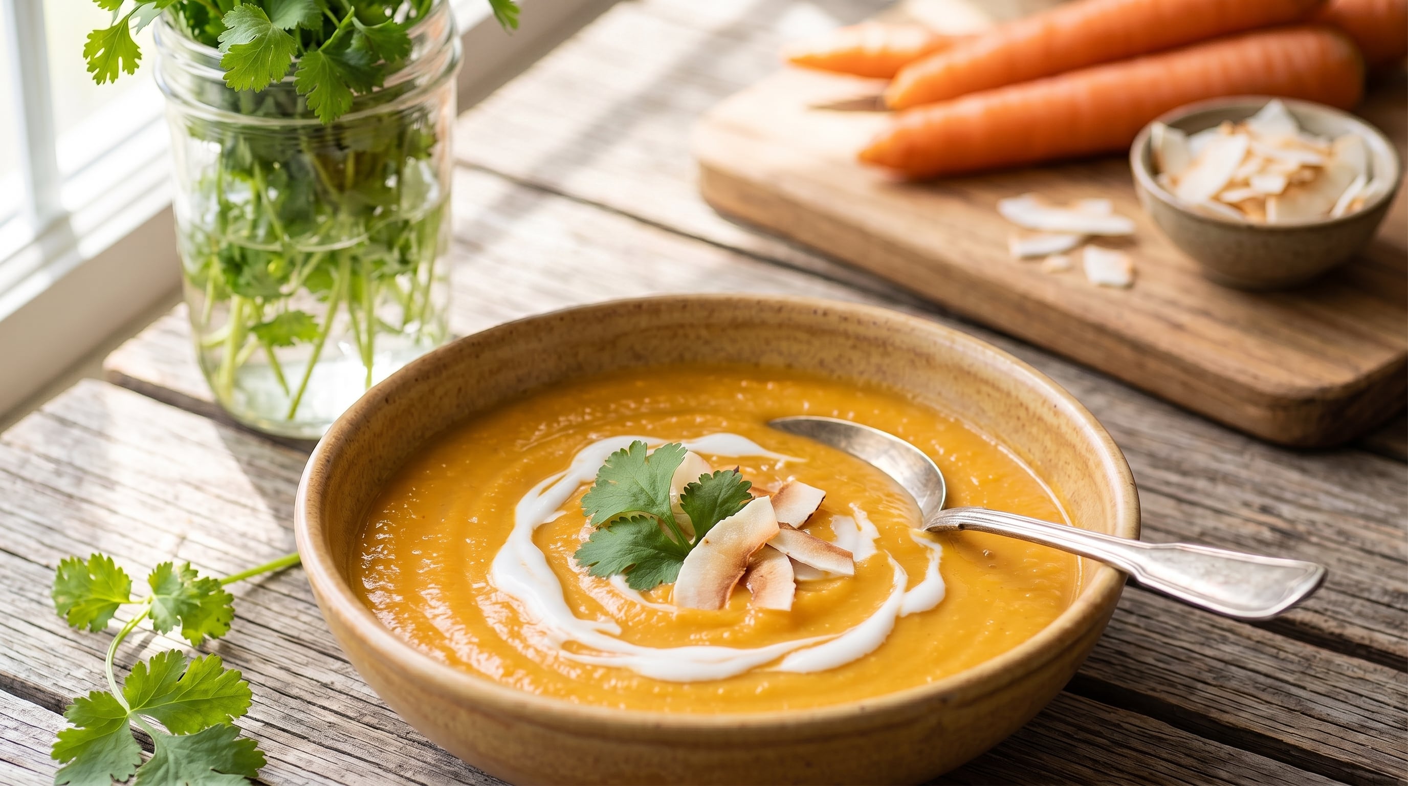 Un tazón de crema de zanahoria decorado con cilantro y láminas de coco se encuentra sobre una mesa de madera junto a ingredientes frescos. (Imagen Ilustrativa Infobae)