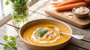 Tazón con crema de zanahoria y cuchara, junto a frasco con cilantro, zanahorias en tabla de picar y tazón pequeño con virutas de coco.