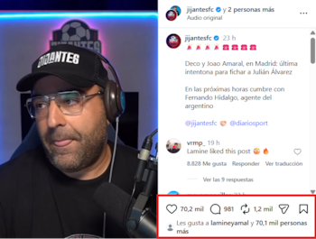 Lamine Yamal le dejó su "me gusta" a una publicación que hablaba sobre la reunión que tendrá el director deportivo del Barcelona con el representante de Julián Álvarez