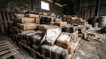 Paquetes rectangulares apilados en tarimas de madera dentro de un almacén, dos de los cuales están abiertos y muestran polvo blanco.