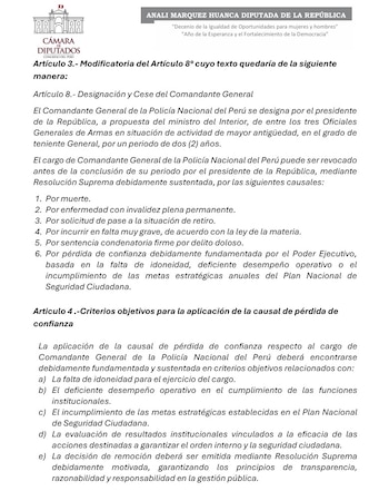 Texto de un documento impreso con el escudo de la Cámara de Diputados del Perú referente a la modificatoria de la ley de la Policía Nacional
