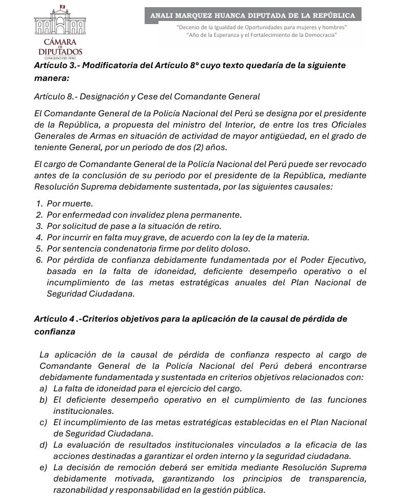 Un documento de la Cámara de Diputados del Perú establece los criterios objetivos para la remoción y pérdida de confianza del Comandante General de la Policía Nacional.