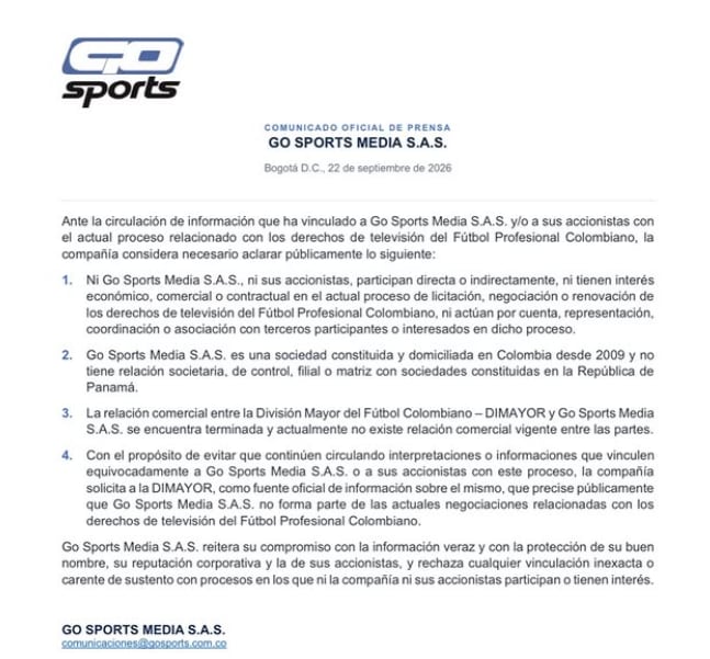 Este es el comunicado oficial de Go Sports desmintiendo que sea la empresa que está detrás de la oferta por los derechos de televisión del fútbol colombiano - crédito Go Sports