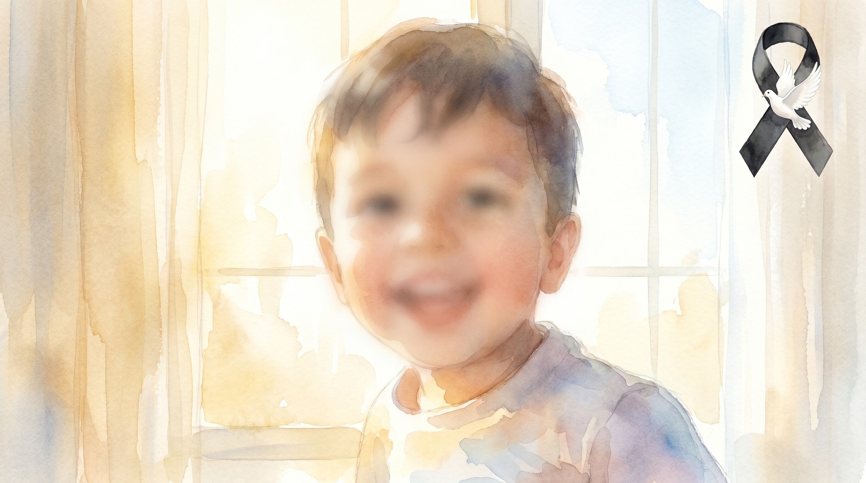 Esta acuarela conmovedora, con el rostro del niño Vicente difuminado para proteger su identidad, simboliza el duelo y la esperanza con un listón negro y una paloma blanca en el contexto del caso Mexicali. (Imagen Ilustrativa Infobae)