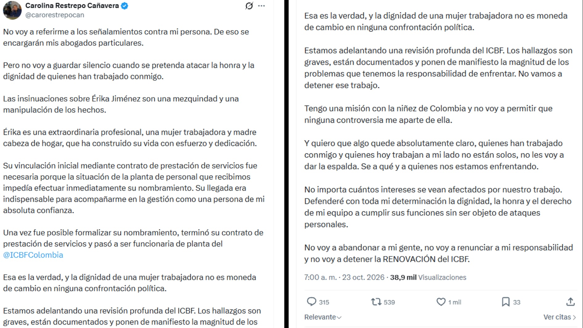 Restrepo Cañavera se refirió a los señalamientos de Sánchez y Triana la mañana del viernes 23 de octubre de 2026 vía X - crédito @carorestrepocan/X
