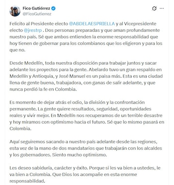 Federico Gutiérrez felicitó al presidente electo y al vicepresidente electo tras conocerse el resultado - crédito @FicoGutierrez/X