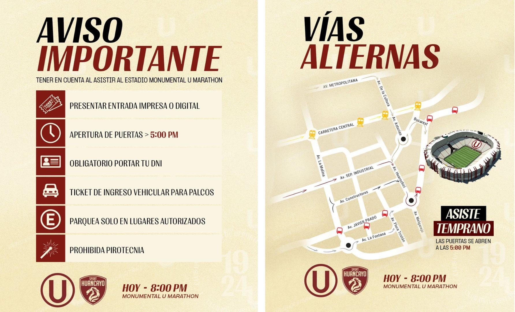 Recomendaciones para los hinchas que asistirán a Universitario vs Sport Huancayo en el estadio Monumental.