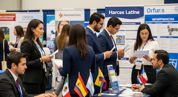 Un grupo de candidatos bien vestidos conversa con reclutadores en una feria de empleo, con banderas de países hispanos visibles sobre la mesa.