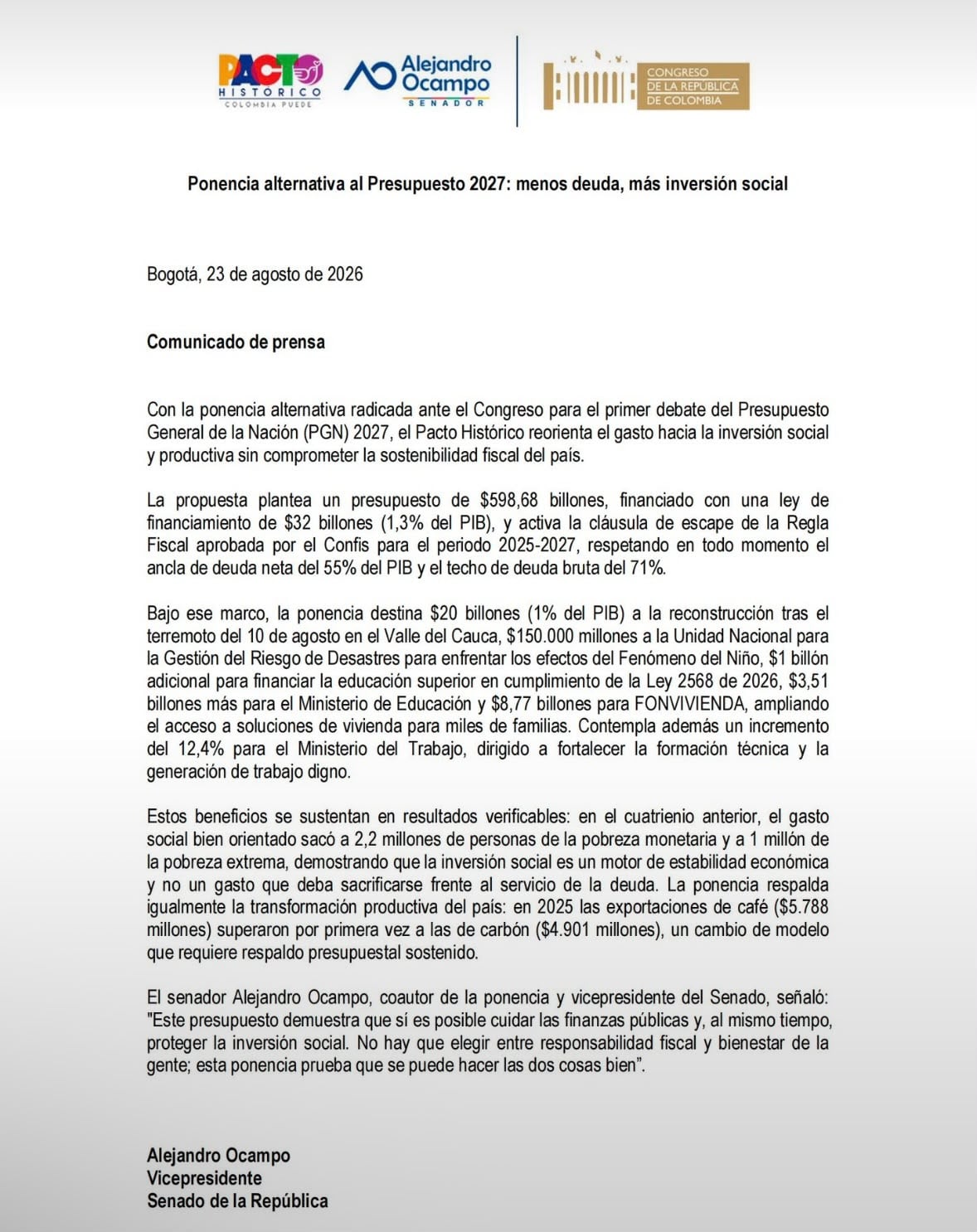 La bancada del Pacto Histórico presentó ante el Congreso una ponencia alternativa para el primer debate del Presupuesto General de la Nación (PGN) de 2027, con una proyección de $598,68 billones - crédito Pacto Histórico