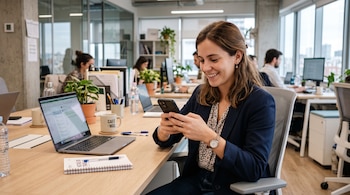 Una mujer sentada frente a un escritorio sostiene un teléfono celular junto a una computadora portátil y una taza.