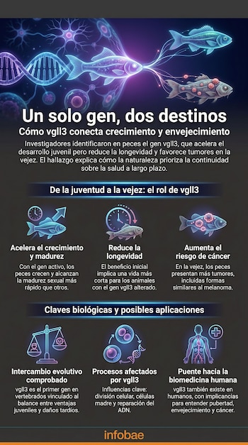 Infografía con una cadena de ADN, células y tres peces luminosos que representan el crecimiento y el envejecimiento, uno con tumores.
