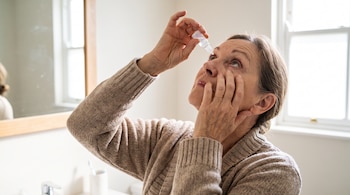 Mujer adulta, frasco de gotas, ojo, manos.