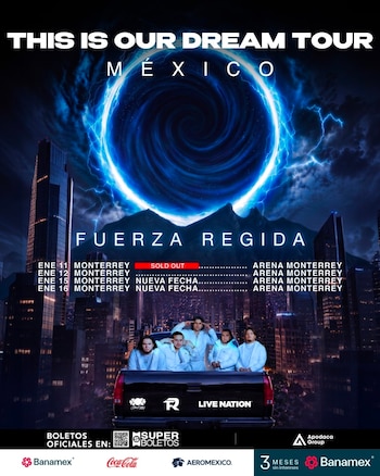 Cartel con los músicos de Fuerza Regida sobre una camioneta frente a una ciudad nocturna, un portal luminoso en el cielo y texto con fechas