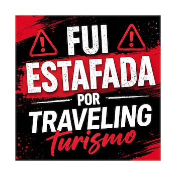 Gráfica con fondo negro y rojo salpicado, texto blanco "FUI ESTAFADA POR TRAVELING" y rojo cursiva "Turismo", con dos íconos de advertencia rojos