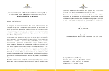 Según el comunicado, las acusaciones buscan generar dudas sobre las acciones de paz territorial que se adelantan en el departamento de Nariño desde hace dos años - crédito Comisionado de Paz