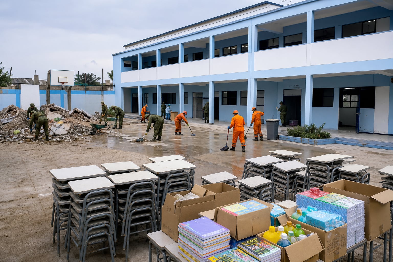 Personal del ejército y de limpieza remueve escombros y desinfecta el patio de un colegio en el sur de Lima para preparar el retorno a clases tras una emergencia. (Imagen Ilustrativa Infobae)
