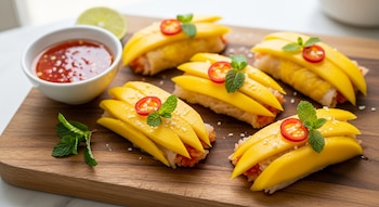 Primer plano de varios rollos de mango con chile, menta y semillas de sésamo, servidos en una tabla de madera junto a un recipiente con salsa y una rodaja de lima.