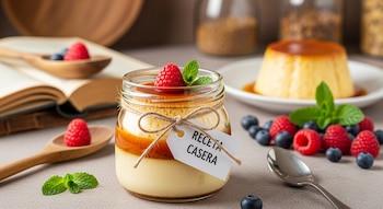 Flan de caramelo en un frasco de vidrio, decorado con una frambuesa y hojas de menta, junto a un flan tradicional en un plato, bayas frescas y un libro de cocina abierto.