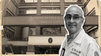 Composición con la fachada del Hospital Infantil de México Federico Gómez en el fondo y, en primer plano, un doctor calvo con gafas y bata, en blanco y negro.