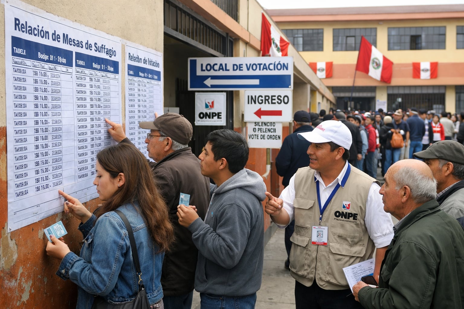 Ciudadanos peruanos consultan la relación de mesas de sufragio en un colegio de votación, mientras personal de la ONPE orienta a los electores durante una jornada electoral con alta concurrencia. (Imagen Ilustrativa Infobae)