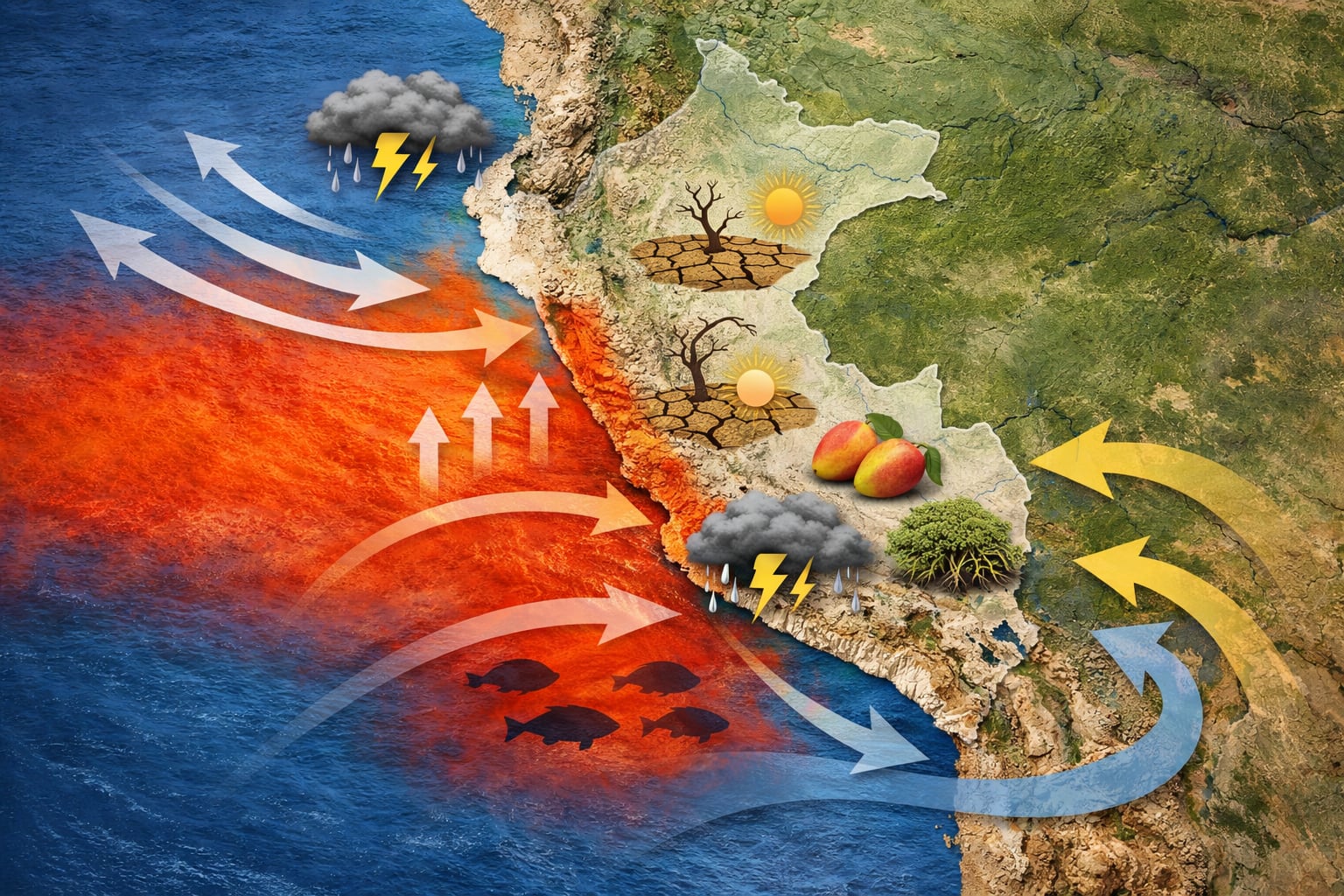 Un mapa conceptual ilustra el fenómeno El Niño en Perú, mostrando franjas de calor oceánico, tormentas, sequías, flujos de viento y sus efectos geográficos en las regiones costeras. (Imagen Ilustrativa Infobae)