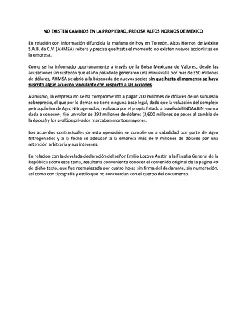 El comunicado de AHMSA sobre