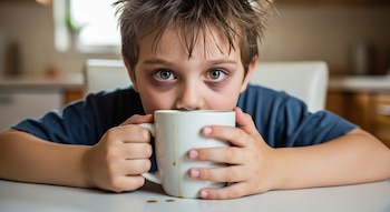 Primer plano de un niño con cabello desordenado y ojeras sosteniendo una taza de café blanca sucia, con gotas de café en la mesa.