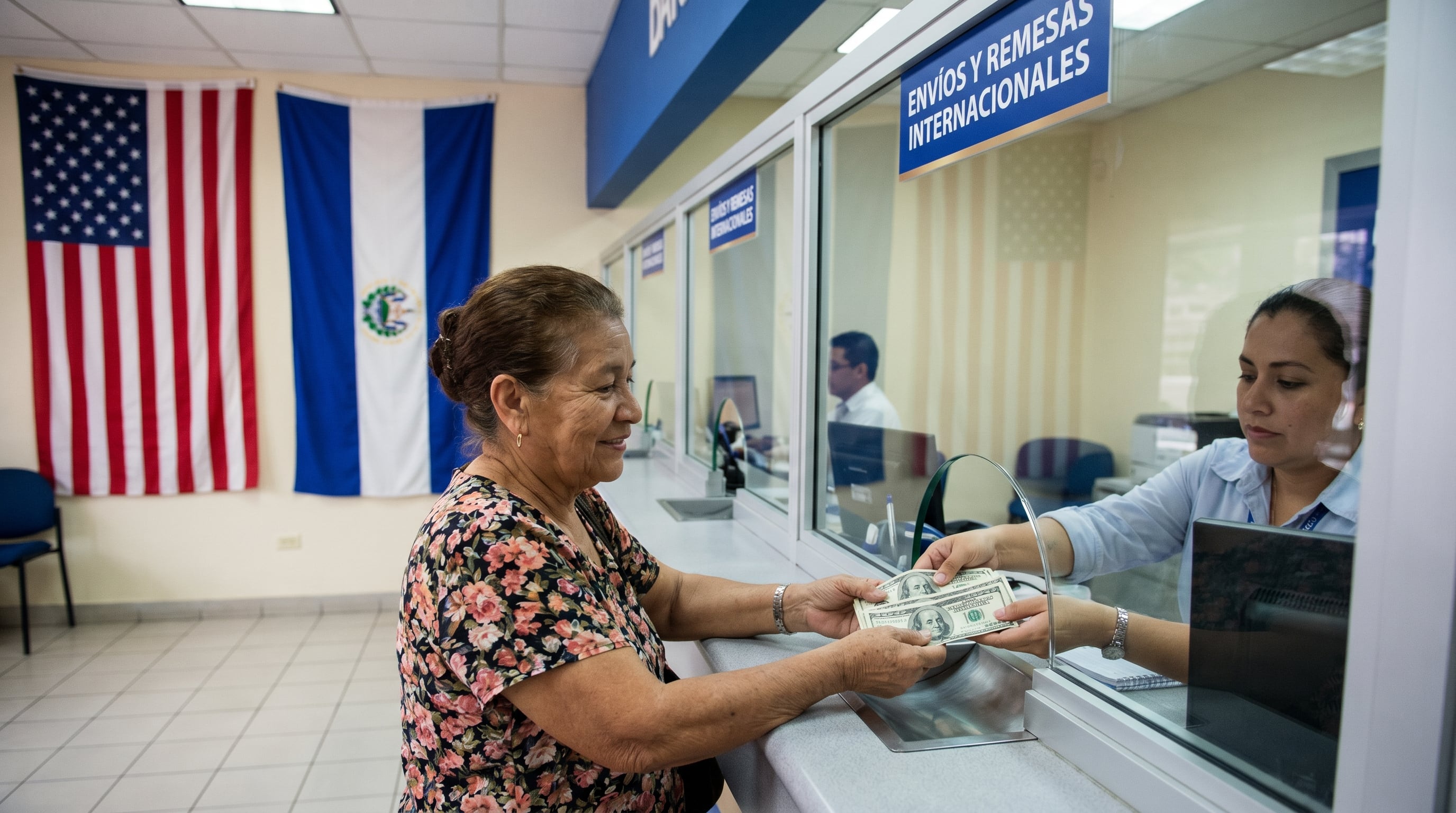 Una mujer salvadoreña recibe billetes de dólar estadounidense de una cajera en una agencia bancaria, destacando la importancia de las remesas para la economía de El Salvador. (Imagen Ilustrativa Infobae)