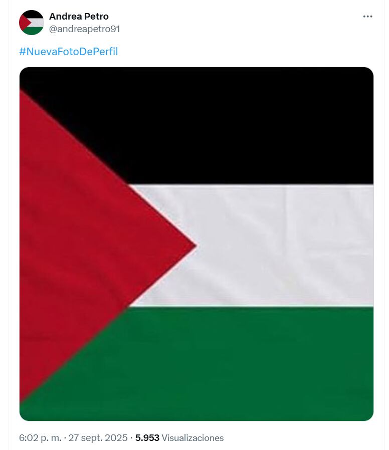 La empresaria cambió su foto de perfil y colocó una bandera de Palestina, en apoyo al discurso de su padre en Estados Unidos - crédito @andreapetro91/X