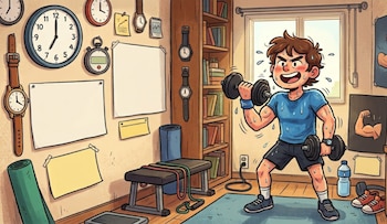 Ilustración de un joven con camiseta azul y pantalones negros sudando mientras levanta pesas en una habitación con relojes, estantería y equipo deportivo