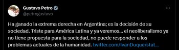 Tweet de Gustavo Petro reaccionando