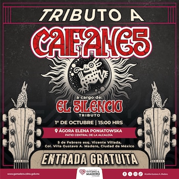 Cartel promocional con el texto Tributo a Caifanes, ilustraciones de dos clavijeros de guitarra y un sol con un animal prehispánico en el centro