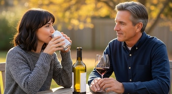 Mujer joven bebe de una lata mientras un hombre adulto con copa de vino la mira. Botella de vino en mesa de madera al aire libre con árboles de fondo.