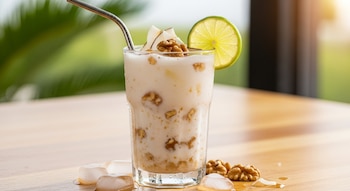 Vaso de agua fresca de coco con nuez y trozos de coco, decorado con una rodaja de lima y una pajita metálica, sobre una mesa de madera con hielo y nueces.