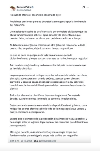Gustavo Petro reaccionó a decisión del Consejo de Estado sobre decreto del fenómeno de El Niño