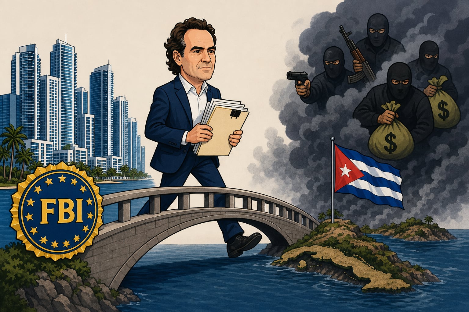 Federico Gutiérrez cruza un puente entre Miami y Cuba sosteniendo documentos, junto al escudo del FBI y hombres armados entre humo. (Imagen Ilustrativa Infobae)