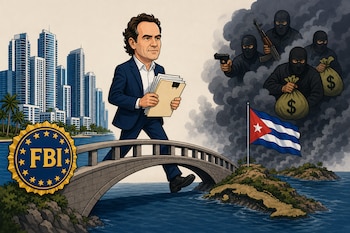 Caricatura de Federico Gutiérrez sobre un puente entre rascacielos con el logo del FBI y una isla con la bandera de Cuba y sujetos armados.