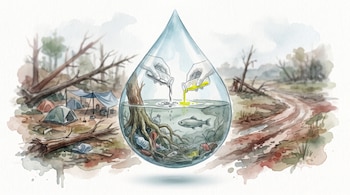 Ilustración de acuarela con gota de agua que encierra raíces, pez, residuos plásticos y manos vertiendo mercurio y cianuro, rodeada de árboles caídos y carpas.