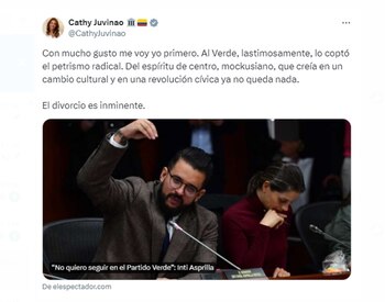 Catherine Juvinao manifestó su descontento con la dirección que ha tomado el Partido Verde: "Con mucho gusto me voy yo primero - crédito @CathyJuvinao/X