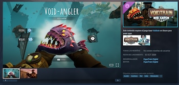 Interfaz de un videojuego en primera persona con un pez morado de dientes afilados y la página de la tienda Steam con texto en español