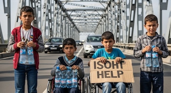 Cuatro niños, dos en silla de ruedas, parados en una carretera de un puente; uno sostiene un cartel con la palabra 'HELP', otros sujetan botellas de agua.