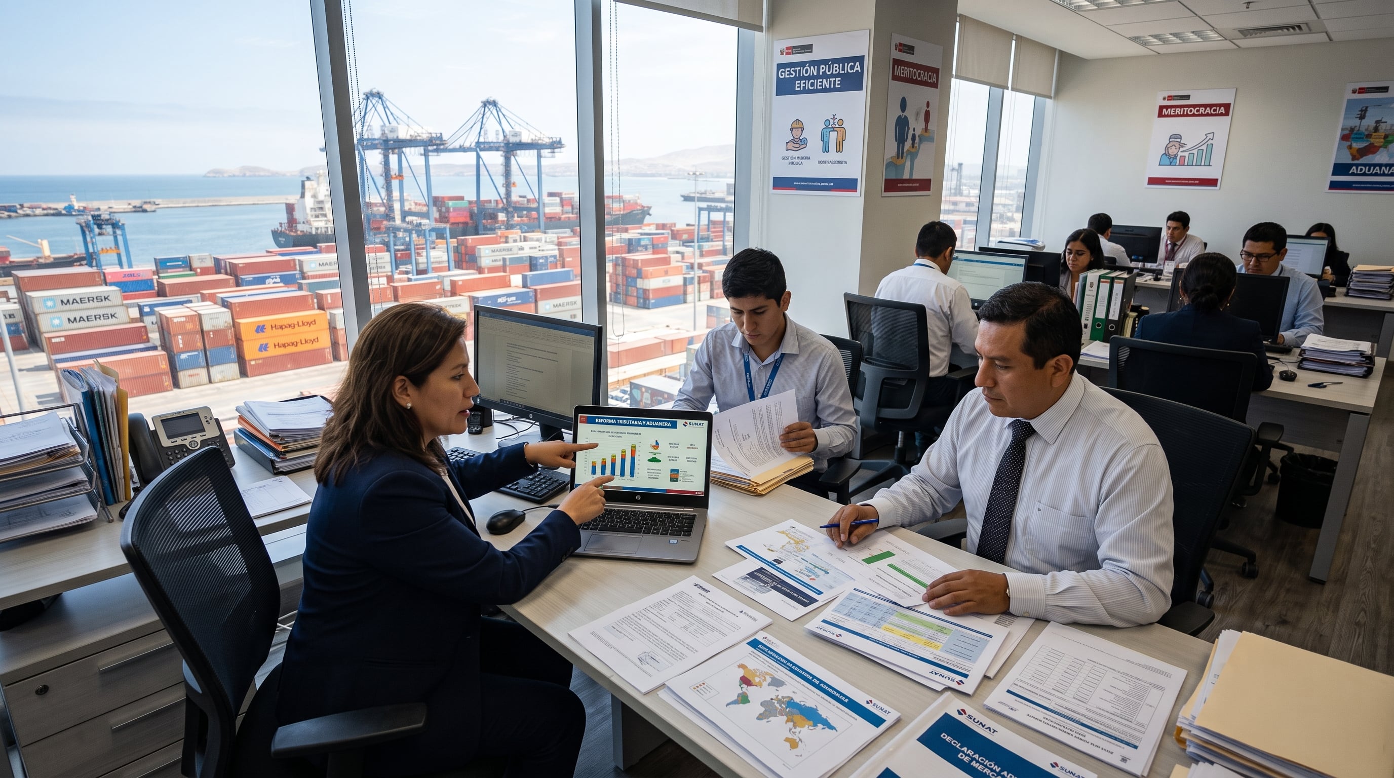Funcionarios públicos analizan documentos y gráficos sobre la reforma tributaria y aduanera en una oficina frente a un terminal portuario en Perú. (Imagen Ilustrativa Infobae)