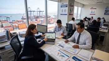 Personas en una oficina con computadoras y documentos frente a un ventanal que da a un puerto repleto de contenedores y grúas