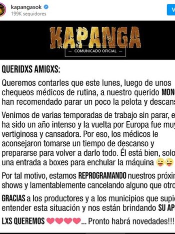El comunicado de Kapanga sobre la salud de El Mono (Instagram)