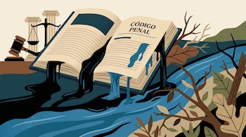 Ilustración de un Código Penal abierto derramando petróleo y líquido azul en un río. A la izquierda, un mazo, balanza y columnas; a la derecha, ramas secas.